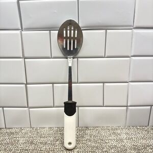 Vintage Ekco Slotted Spoon Stainless Black And White Handle Serving 13" EUC